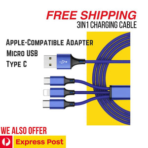 3in1 Micro USB, Type C Charging Cable with Apple-Compatible Adapter Unbranded