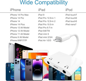 2025 3in1 Apple 8-Pin to 3.5mm, Headphone Adapter for iPhone, Dual Earphone Jack Audio, Music Call and Charging Adapter, Headphone Splitter for iPhone 14/13/12/11/XS Max/XR/8/7 Plus /6/ iPad,Support iOS 10 to16