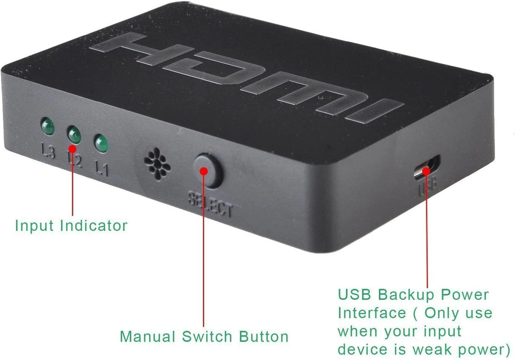 HDMI Splitter 3 Port Hub Box Auto Switch 3 In 1 Out Switcher 3D 1080p HD Unbranded