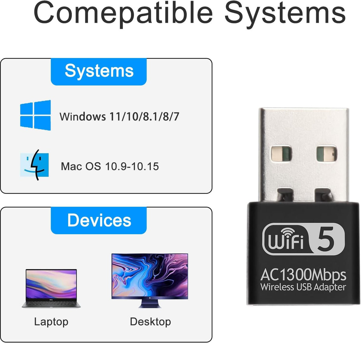 USB WiFi Adapter Dongle Receiver AC1300M Dual Band 2.4GHz/5Ghz for ...